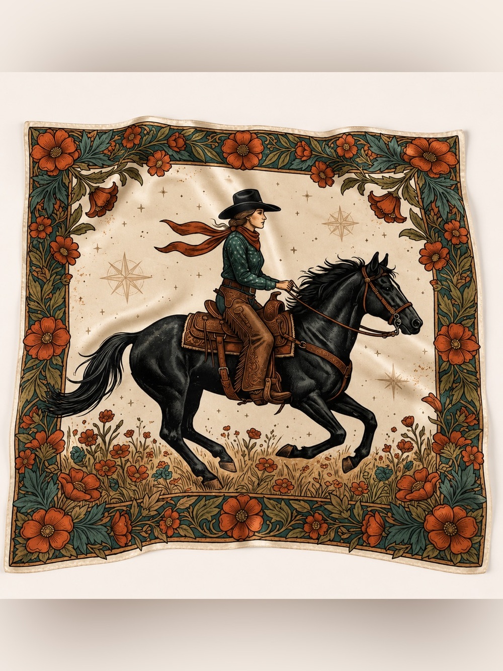 NWT Western Cowgirl Wild Rag Scarf Black Horse Floral Satin Large Square - Picture 2 of 5